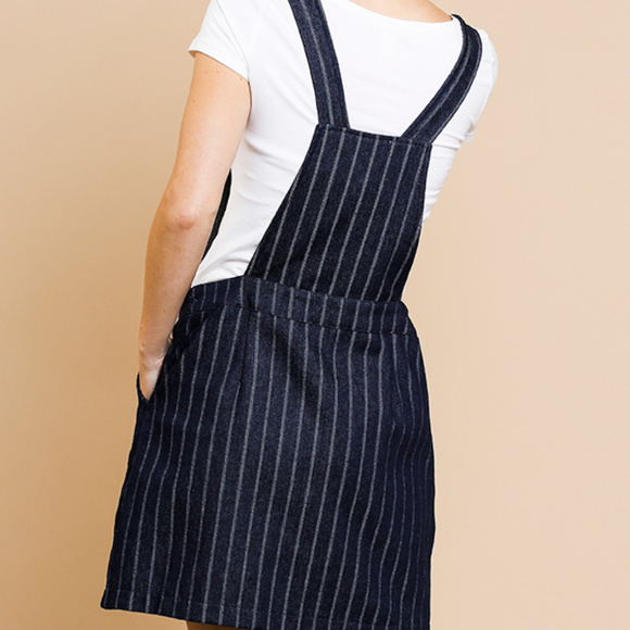 Umgee Denim Overalls Jumper Dress Navy Stripe - Picture 3 of 4